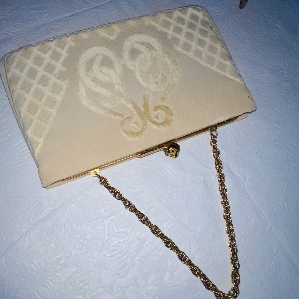 Vintage Bienen Davis Ivory Cream Velvet Brocade Evening Bag Clutch Chain Strap